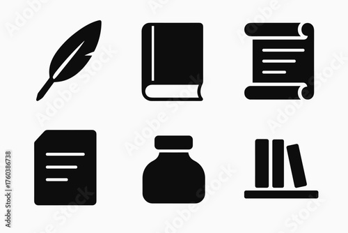 Set of six black writing and literature icons including quill, book, scroll, paper, ink bottle, and bookshelf