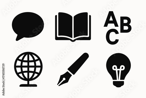 Educational icons set: book, pen, globe, speech bubble, alphabet, light bulb in black and white