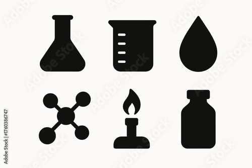 Chemical laboratory icons: flask, beaker, droplet, molecular structure, burner, bottle