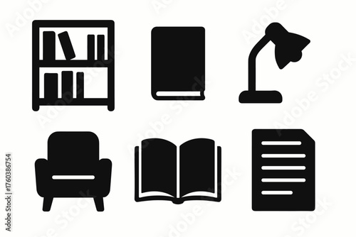 Library icons: bookshelf, book, lamp, armchair, open book, document illustrations