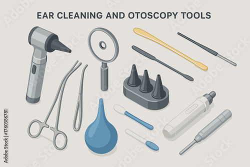 Medical tools for ear cleaning and examination including otoscope and tweezers