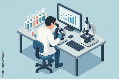 Young hispanic male scientist analyzing data using microscope in laboratory setting