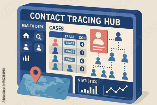 Digital contact tracing hub display with data visualization and connectivity icons