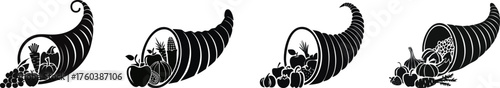 A series of cornucopia illustrations displaying various fruits and vegetables, symbolizing abundance and harvest.