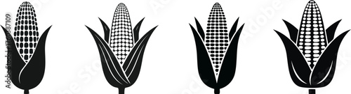 Four stylized illustrations of corn cobs, each showcasing unique patterns and designs, emphasizing the versatility of this staple crop.