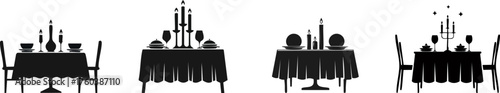A series of four silhouetted tables set with candles, dishes, and utensils, creating an elegant dining atmosphere.