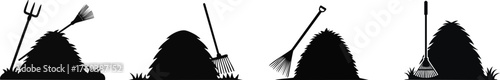 Silhouettes of haystacks and farm tools create a rustic agricultural scene, emphasizing rural life and farming activities.