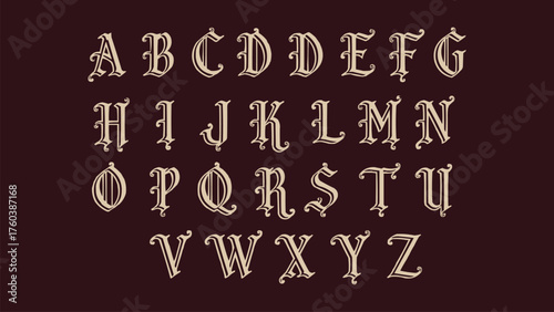 Vintage gothic alphabet uppercase serif font with medieval ornate style decorative letters for design poster and typography art