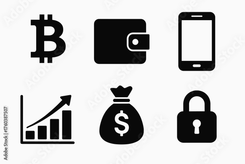 Bitcoin wallet mobile app crypto security icons with growth graph and dollar bag