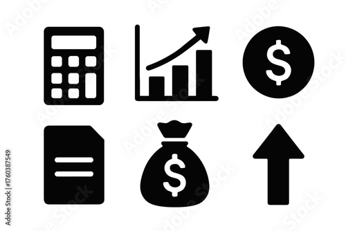 Black financial icons collection: calculator, graph, currency, document, money bag, arrow