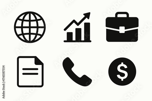 Essential business icons: globe, growth chart, briefcase, document, phone, dollar symbol