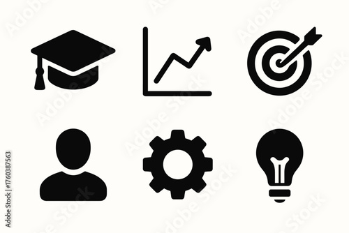 Education and business icons: cap, graph, target, profile, gear, lightbulb