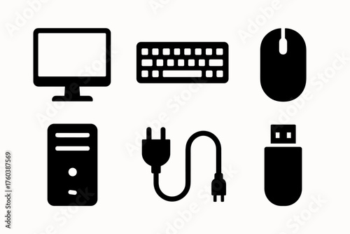 Computer accessories icons: monitor, keyboard, mouse, pc, plug, usb drive