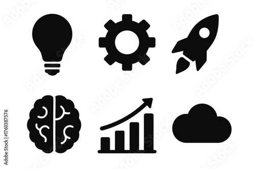 Innovation icons: lightbulb, gear, rocket, brain, graph, cloud