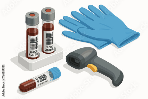 Medical equipment set with blood test tubes and infrared thermometer