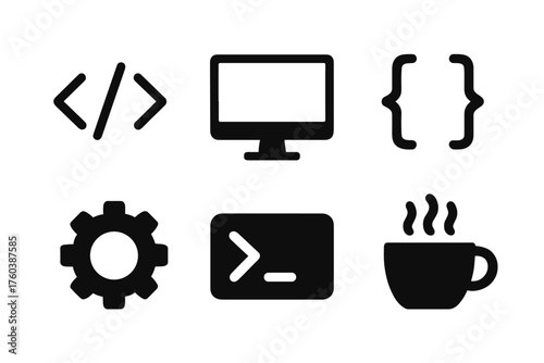 Coding symbols: monitor, code, gear, coffee, terminal icons in black silhouette