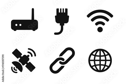 Internet technology icons: router, cable, wi-fi, satellite, connection, globe