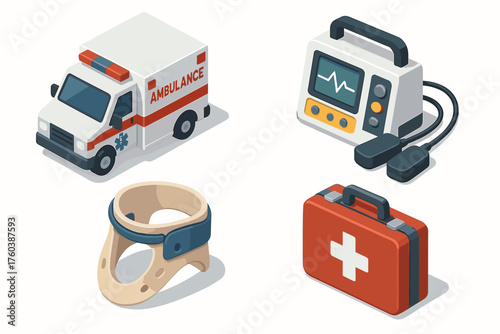 Isometric medical supplies: ambulance, monitor, neck brace, first aid kit