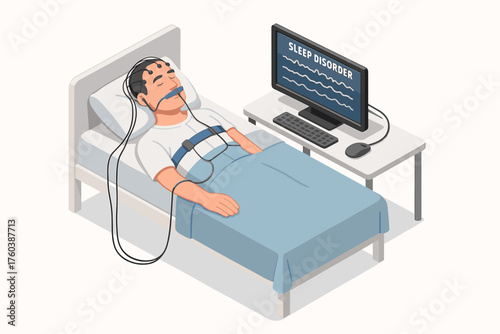Male adult undergoing sleep disorder test in medical facility with monitoring equipment