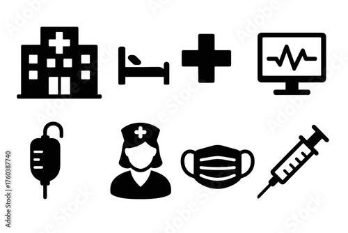 Medical icons set: hospital, nurse, syringe, iv bag, face mask, medical symbols