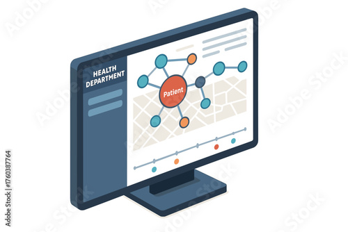 Computer displaying health department patient data visualization in network graph