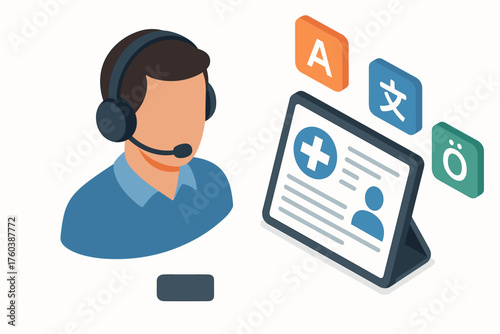 Isometric male customer support with language and medical interface icons
