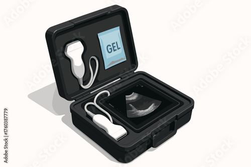 Portable ultrasound device with gel pack and screen in black case