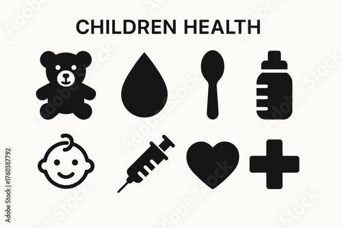 Children health icons: teddy bear, baby bottle, spoon, syringe, heart, cross