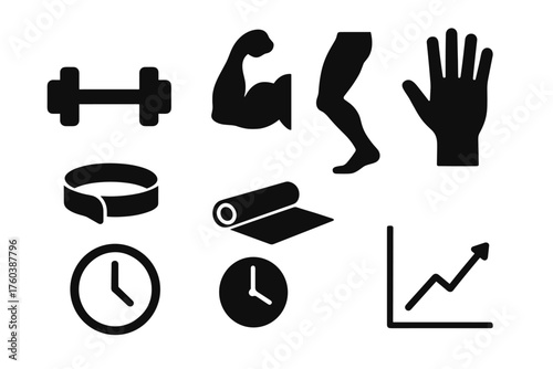 Fitness symbols: dumbbell, muscle, leg, hand, belt, yoga mat, clock, graph