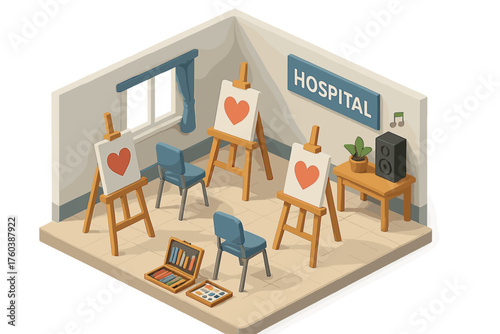 Cozy hospital art room with easels and heart paintings