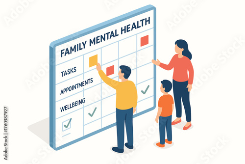 Family mental health concept: asian family planning tasks and wellbeing on calendar