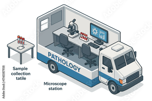 Mobile pathology lab with microscope station and sample collection table