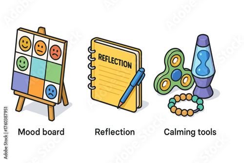 Mood board, reflection journal, and calming tools for emotional wellness