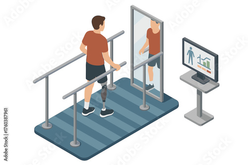 Male with prosthetic leg using parallel bars in rehabilitation therapy
