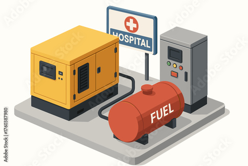 Isometric view of a hospital backup generator system with fuel tank