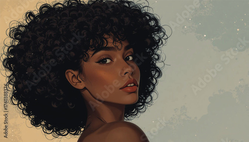 Vector portrait poster illustration afro black woman pose sideways curly hairstyle avatar for social media Ai Generate 