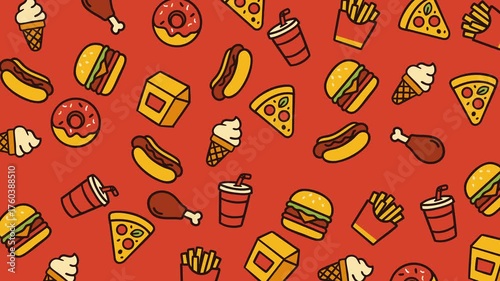 Animated seamless pattern featuring colorful doodles of burgers, pizza, fries, donuts, ice cream, drinks, hot dogs, and chicken on a bright orange background. Perfect for food, cafe, or snack-themed