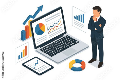 Businessman analyzing financial data on laptop with graphs and charts