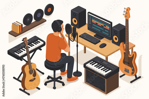 Young caucasian male recording music in home studio with equipment and instruments