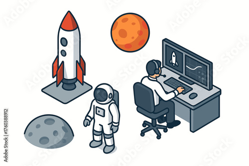 Space exploration: astronaut and mission control with rocket and planet illustration