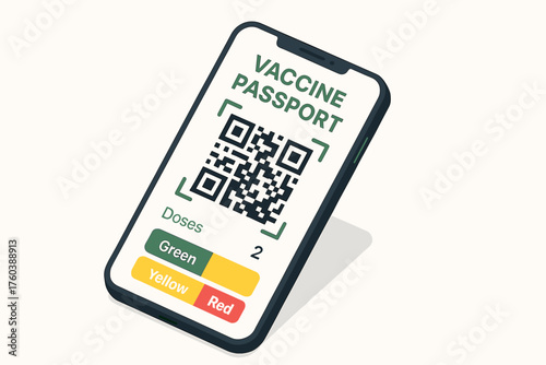 Digital vaccine passport on smartphone screen with qr code and color-coded status indicators