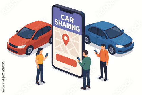 Car sharing app with diverse people using smartphones near red and blue cars