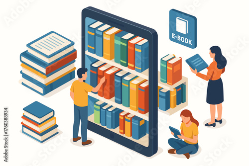 Digital library concept with diverse individuals reading e-books on mobile device
