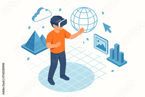 Young asian male exploring virtual reality world with headset and interactive 3d graphics