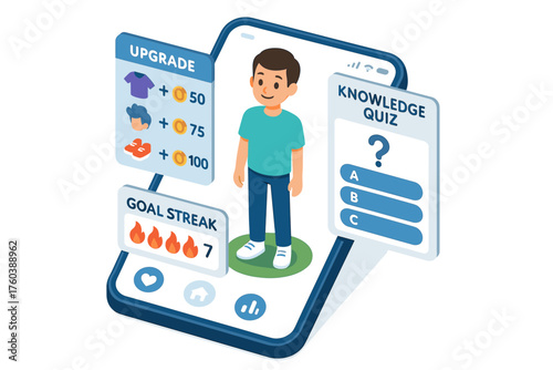 Cartoon game interface with male character and quiz on mobile screen
