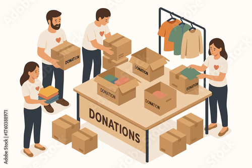 Caucasian adults organizing charity donations with boxes and clothing in community event