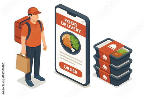 Asian male delivery worker with food orders and smartphone app interface