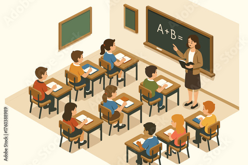 Diverse classroom with teacher explaining math to attentive students in uniforms