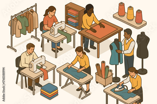 Diverse group engaged in sewing and garment making in collaborative workshop setting