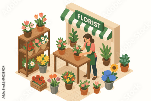 Female caucasian adult florist with various colorful flowers in shop display